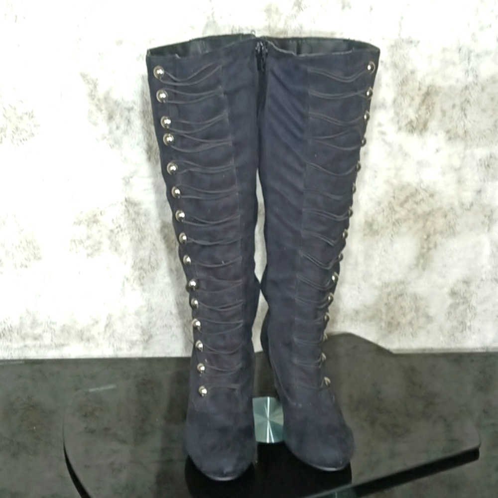 Vintage Inspired Over Knee Boots Featuring Soft Vegan Suede Size 8 - Picture 4 of 16